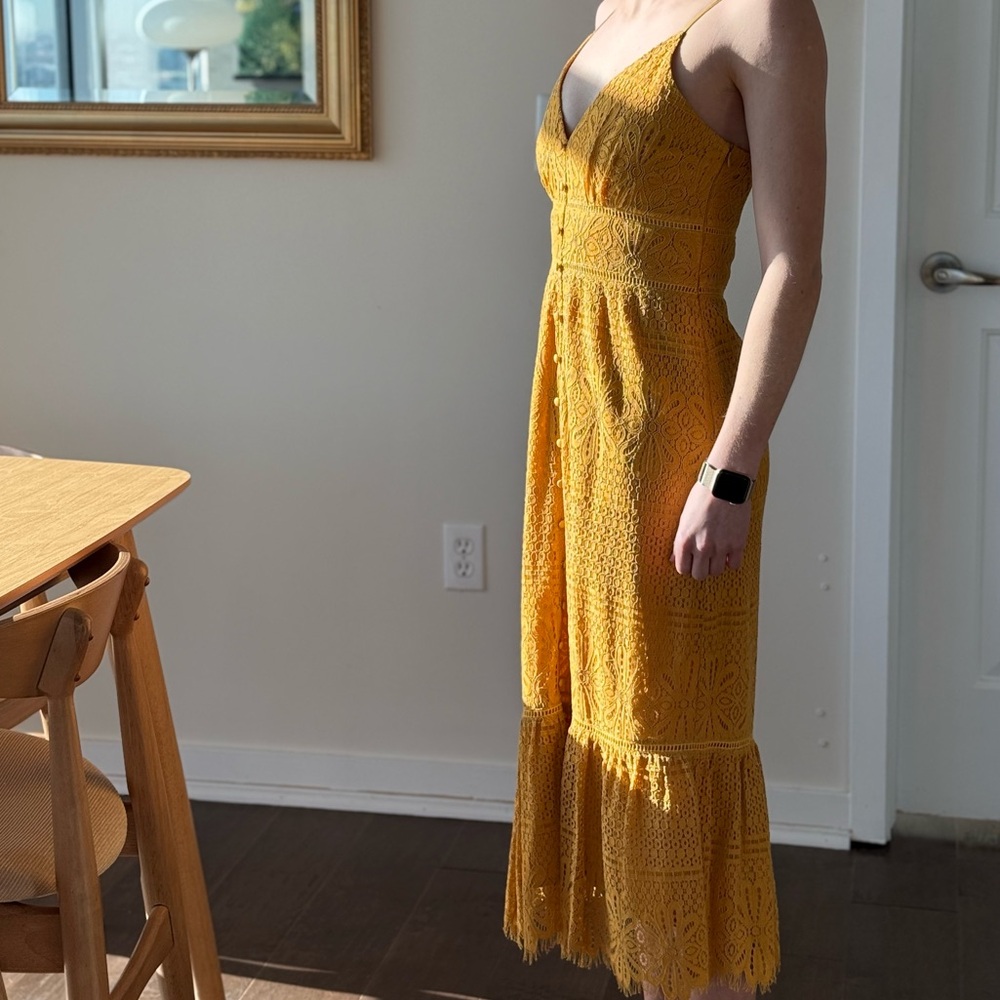 Lulu's Robyn Mustard Yellow Lace Midi Dress
